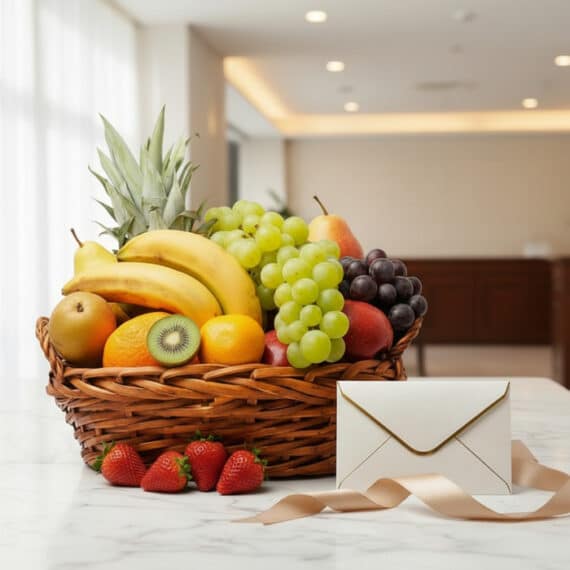 Canasta de mimbre llena de frutas frescas como piña, plátanos, uvas verdes y rojas, peras, manzanas, naranjas, kiwi y fresas,