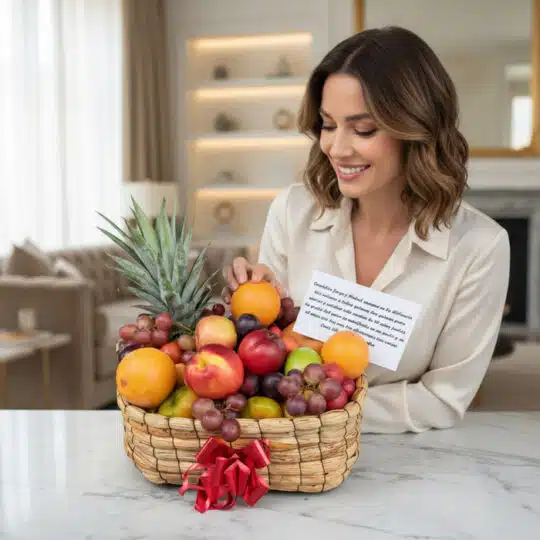 Mujer elegante sonriendo mientras admira una canasta de frutas Musca con piña, uvas, naranjas y manzanas, en un hogar de lujo