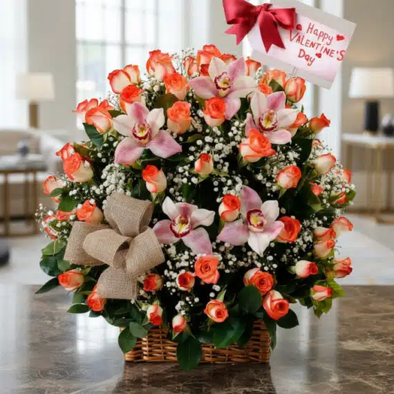 Canasta de rosas naranjas y orquídeas rosadas en un arreglo floral elegante con un lazo de arpillera y una tarjeta de 'Happy