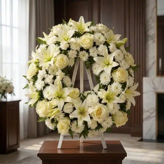 Corona Fúnebre Homenaje Gadriel: Elegancia y Respeto en Flores Blancas Corona fúnebre Homenaje Gadriel con lirios, rosas y crisantemos blancos, sobre un caballete en una sala de velación premium c