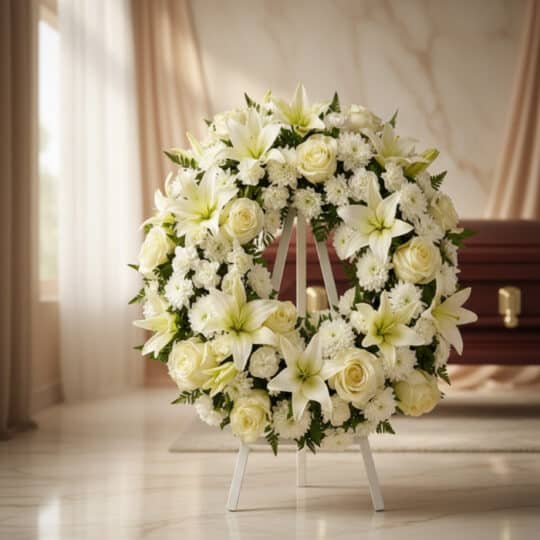 Corona fúnebre Homenaje Gadriel con lirios y rosas blancas, en sala de velación moderna con ataúd al fondo.