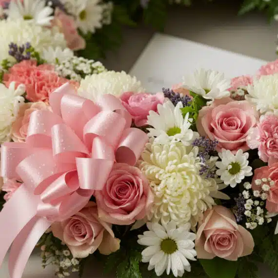 Fotografía macro premium de la Corona Fúnebre Homenaje a Jesús, mostrando texturas hiperrealistas de pétalos y follaje con ro