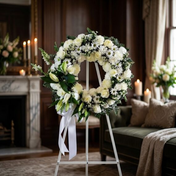 Corona Fúnebre Homenaje Sincero: Elegancia Floral para Despedir a JONAS Corona fúnebre Homenaje Sincero con rosas blancas, lirios y margaritas, sobre un caballete en una sala de velación premium co