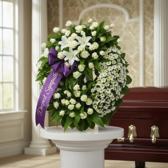 Corona fúnebre Legado Jacob con rosas blancas, lirios y margaritas, cinta morada con 'Deepest Sympathy', junto a un ataúd en