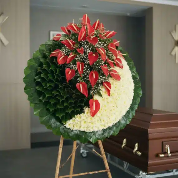 Corona fúnebre 'A Tu Memoria' con anthuriums rojos y crisantemos blancos, diseño de luna creciente, en sala de velación moder