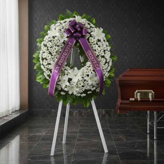 Corona de homenaje "El Vuelo de Uriel" con flores blancas y cinta morada con mensaje de condolencia, junto a un ataúd en sala