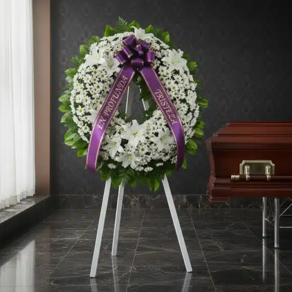 Corona de homenaje "El Vuelo de Uriel" con flores blancas y cinta morada con mensaje de condolencia, junto a un ataúd en sala