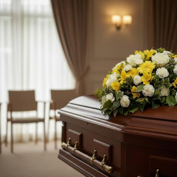Cubre caja fúnebre Baltasar con flores blancas y amarillas sobre ataúd de madera en sala de velación moderna, transmitiendo s