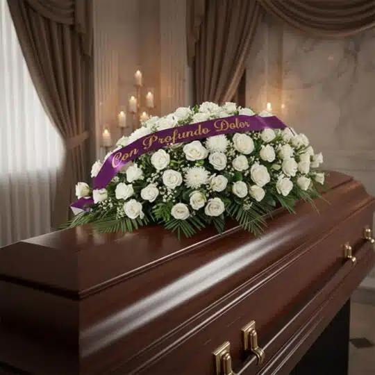 Cubre caja fúnebre Bernardita con rosas blancas y cinta morada 'Con Profundo Dolor' en sala de velación premium, luz difusa.