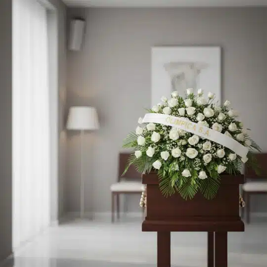 Cubre caja fúnebre Bernardita con rosas blancas y follaje verde, banda con texto 'OLIMPICA S.A.', en una sala de velación mod