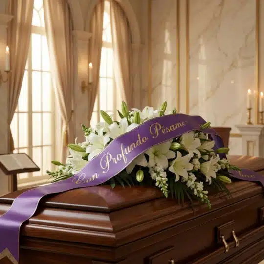 Cubre caja fúnebre 'Legado de José' con rosas blancas y lirios, adornado con una cinta morada que dice 'Con Profundo Pésame',