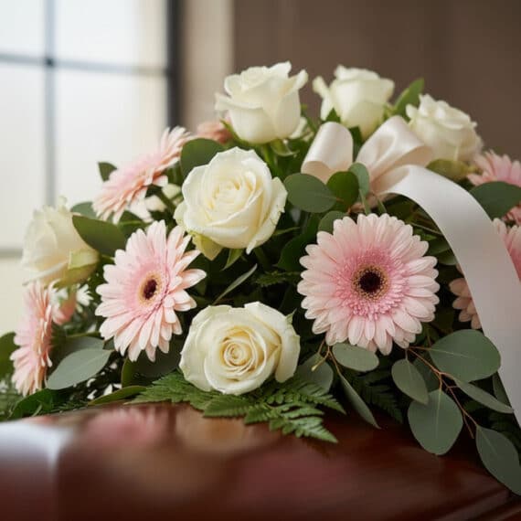 Primer plano de un cubre caja fúnebre con rosas blancas, gerberas rosadas y follaje verde, con rocío sutil y cinta satinada.