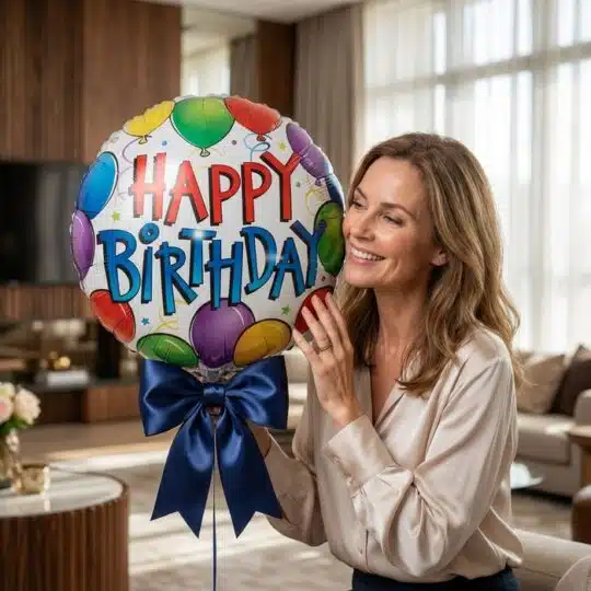 Mujer sonriente sosteniendo un globo metalizado de Feliz Cumpleaños con un lazo azul, en un entorno de hogar de lujo.
