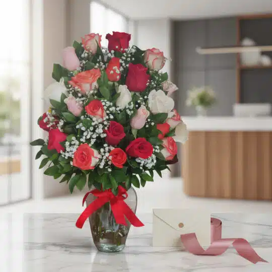 Jarrón de cristal con 18 rosas de varios colores (rojo, blanco, rosa, naranja) y follaje verde, sobre una mesa de mármol blan