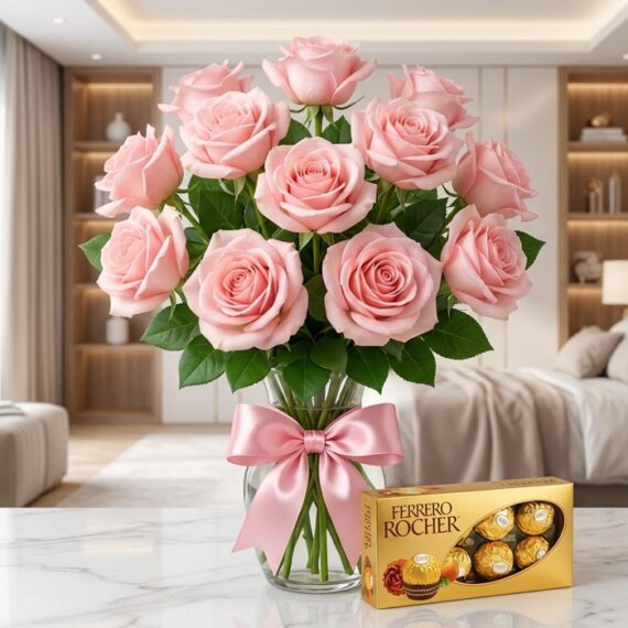 Jarrón Decídete: Rosas Rosadas Frescas y Chocolates Ferrero Rocher Jarrón Decídete con once rosas rosadas frescas y un lazo rosa elegante, acompañado de una caja de chocolates Ferrero Rocher,
