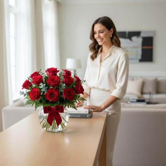 Mujer elegante admira Jarron Floral Graziella con 12 rosas rojas y moño, en un lujoso interior de hogar con luz natural.