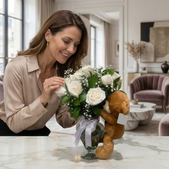 Mujer elegante admira el Jarrón Llévame Contigo con rosas blancas y un osito de peluche, en un interior de hogar de alto dise