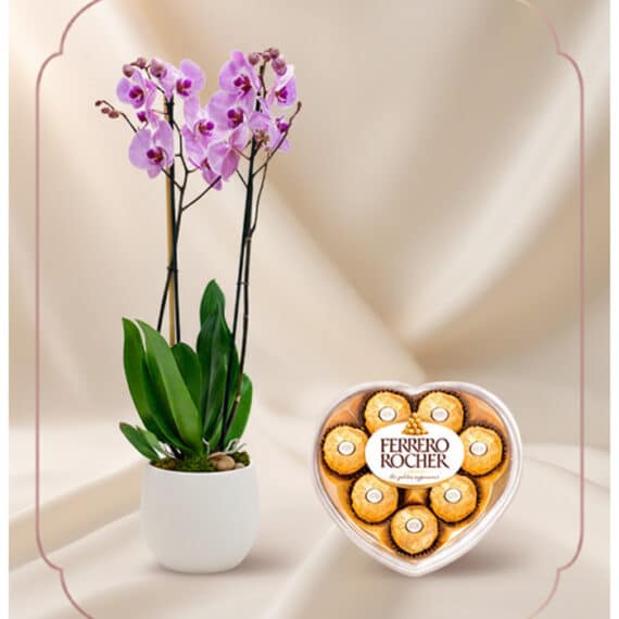 Arreglo floral premium Orquídea GALA con flores moradas y chocolates Ferrero Rocher en caja de corazón, ideal para regalo.