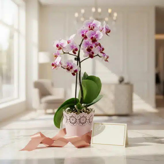 Orquídea Phalaenopsis Antonella en maceta rosa, con tarjeta de regalo y cinta de satén, sobre mármol en un lobby elegante.