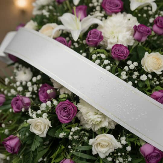 Primer plano de un arreglo floral fúnebre con rosas moradas y blancas, lirios blancos y claveles, adornado con una cinta sati