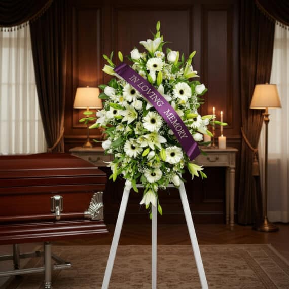 Pedestal fúnebre Inmaculada con lirios blancos, gerberas y follaje, adornado con una cinta morada que dice 'In Loving Memory'