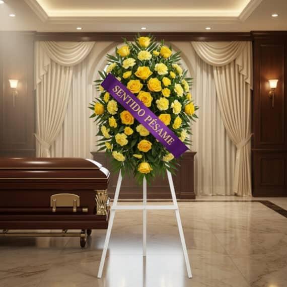 Pedestal fúnebre 'Legado Sereno' con rosas y claveles amarillos, cinta morada 'Sentido Pésame', junto a un ataúd en sala de v