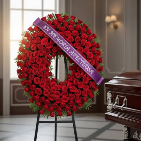 Pedestal fúnebre de rosas rojas con cinta morada 'En Memoria Afectuosa' junto a un ataúd en sala de velación premium.