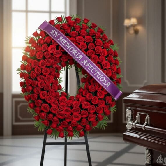 Pedestal fúnebre de rosas rojas con cinta morada 'En Memoria Afectuosa' junto a un ataúd en sala de velación premium.