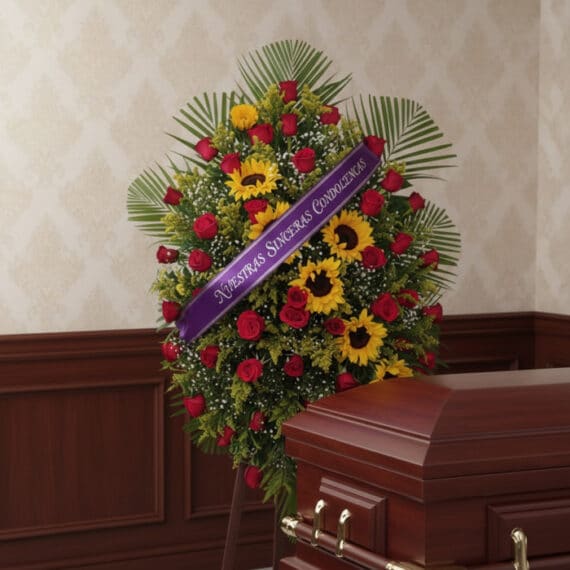 Pedestal fúnebre solemne con rosas rojas, girasoles y follaje, adornado con una cinta morada que dice 'Nuestras Sinceras Cond
