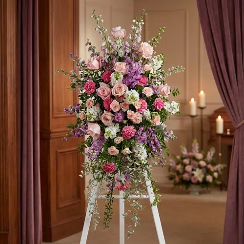 Pedestal Funerario 'Luz de Elisa': Un Homenaje Floral Elegante y Conmovedor Pedestal funerario 'Luz de Elisa' con rosas, claveles y lirios en tonos pastel, realzado en una sala de velación con iluminac