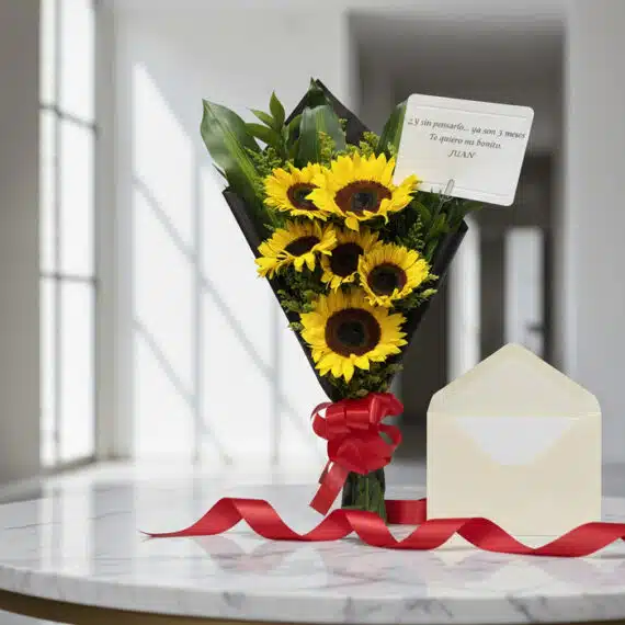 Ramillete de girasoles vibrantes con envoltura negra, cinta roja satinada y tarjeta de regalo en un sobre elegante sobre mesa