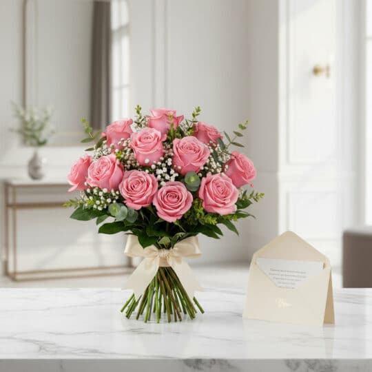Ramillete de rosas rosadas frescas sobre mármol blanco, con tarjeta de regalo y cinta satinada, listo para entregar.