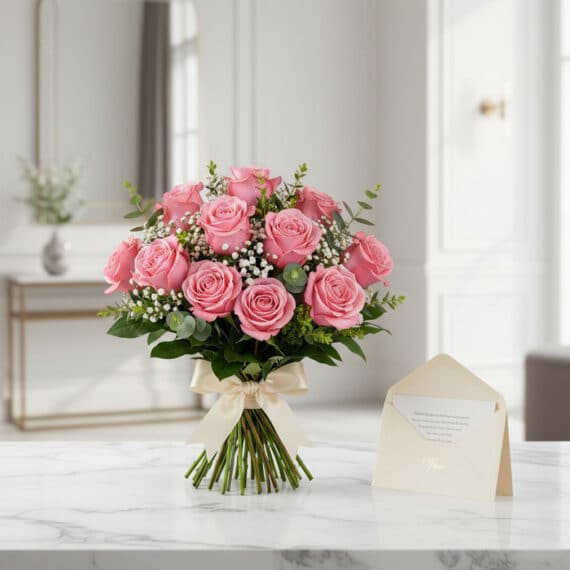 Ramillete de rosas rosadas frescas sobre mármol blanco, con tarjeta de regalo y cinta satinada, listo para entregar.