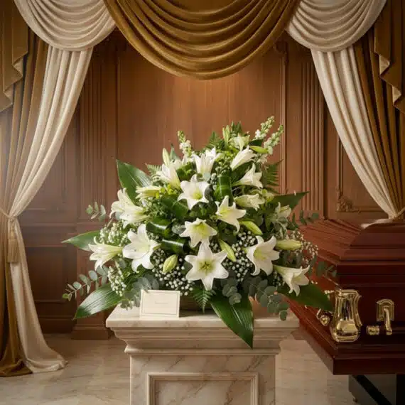 Impresionante ramo fúnebre Abdiel con lirios blancos y follaje verde, presentado en una sala de velación premium junto a un a