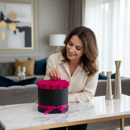 Mujer elegante admirando y tocando delicadamente un arreglo floral de 21 rosas fucsia vibrantes en una caja negra con moño fu