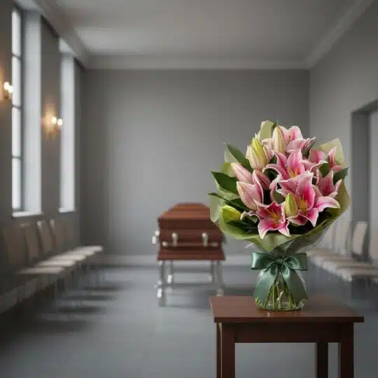 Solemne Bouquet Fúnebre de Homenaje Eli con lirios rosas vibrantes, presentado en una sala de velación moderna con un ataúd d