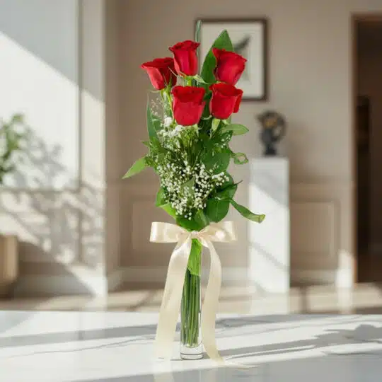 Solitario de cinco rosas rojas Marilyn en un jarrón de cristal con lazo satinado, sobre mármol pulido en un ambiente luminoso