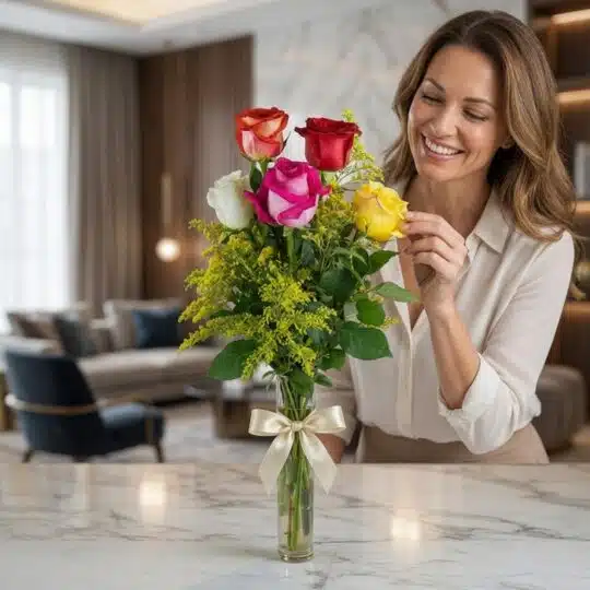 Mujer elegante sonriendo y admirando un solitario de rosas multicolor (roja, blanca, rosa, amarilla y naranja) en un jarrón c