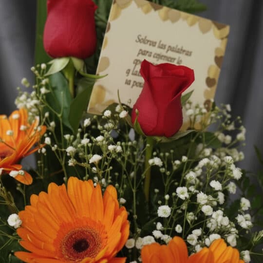 Primer plano extremo de un arreglo floral Solitario Tu Recuerdo con rosas rojas, gerberas naranjas y paniculata, mostrando te